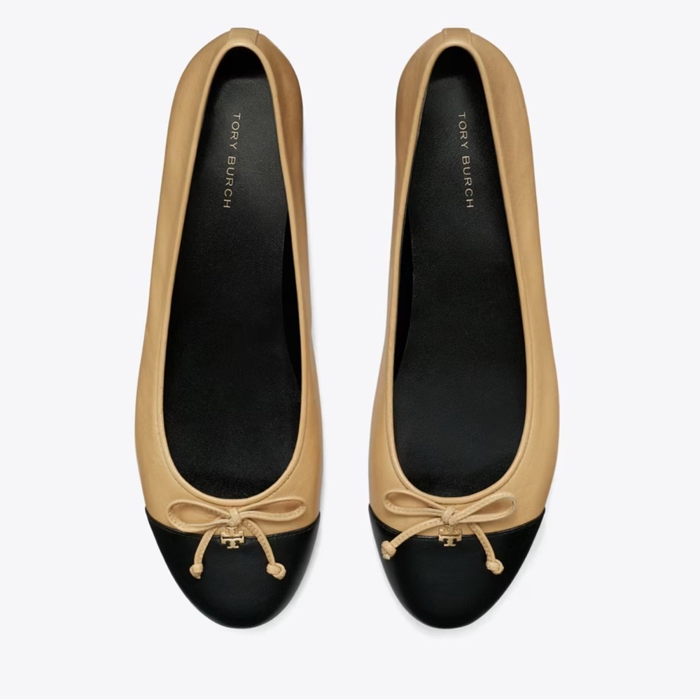 Tory Burch Two-Tone Beige and Black Leather Ballet Flats